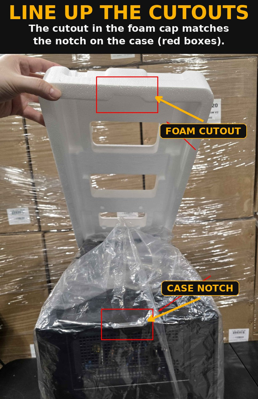 Fit the moulded foam caps onto the bagged case. The cutouts line up as shown.