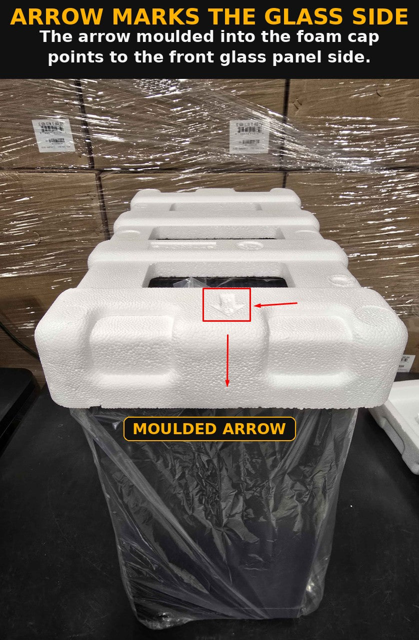 The arrow moulded into the foam cap marks the glass panel side of the case.