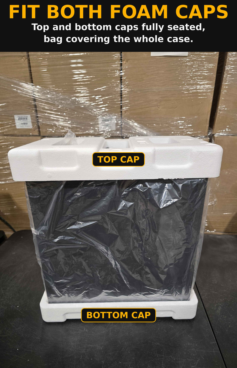 Both foam caps fitted, top and bottom.