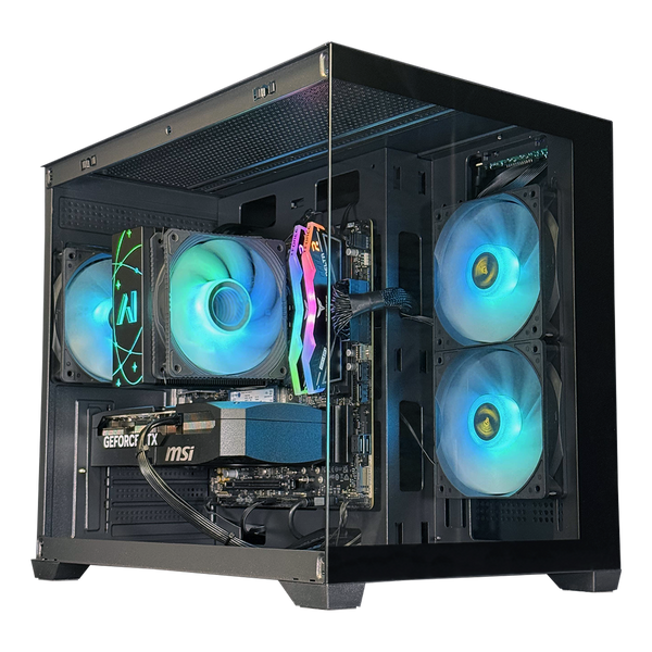 Computer case with RGB lighting and visible hardware components