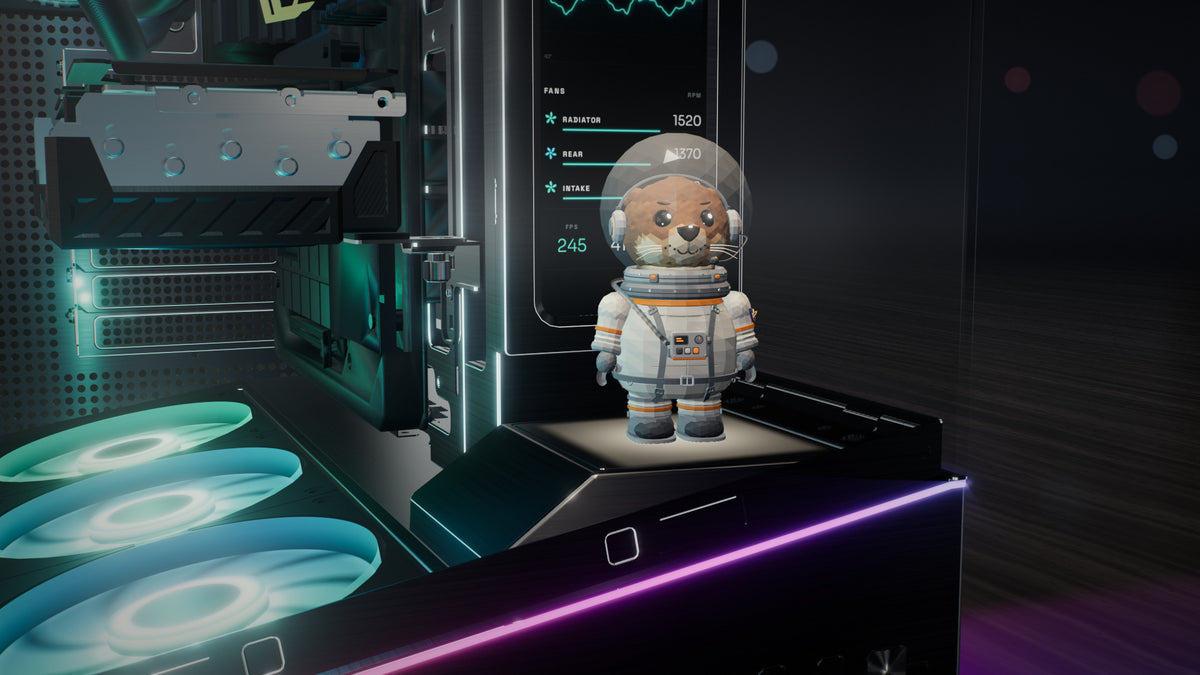 Andromeda V4 LCD in black, lit display stand with the mascot figure
