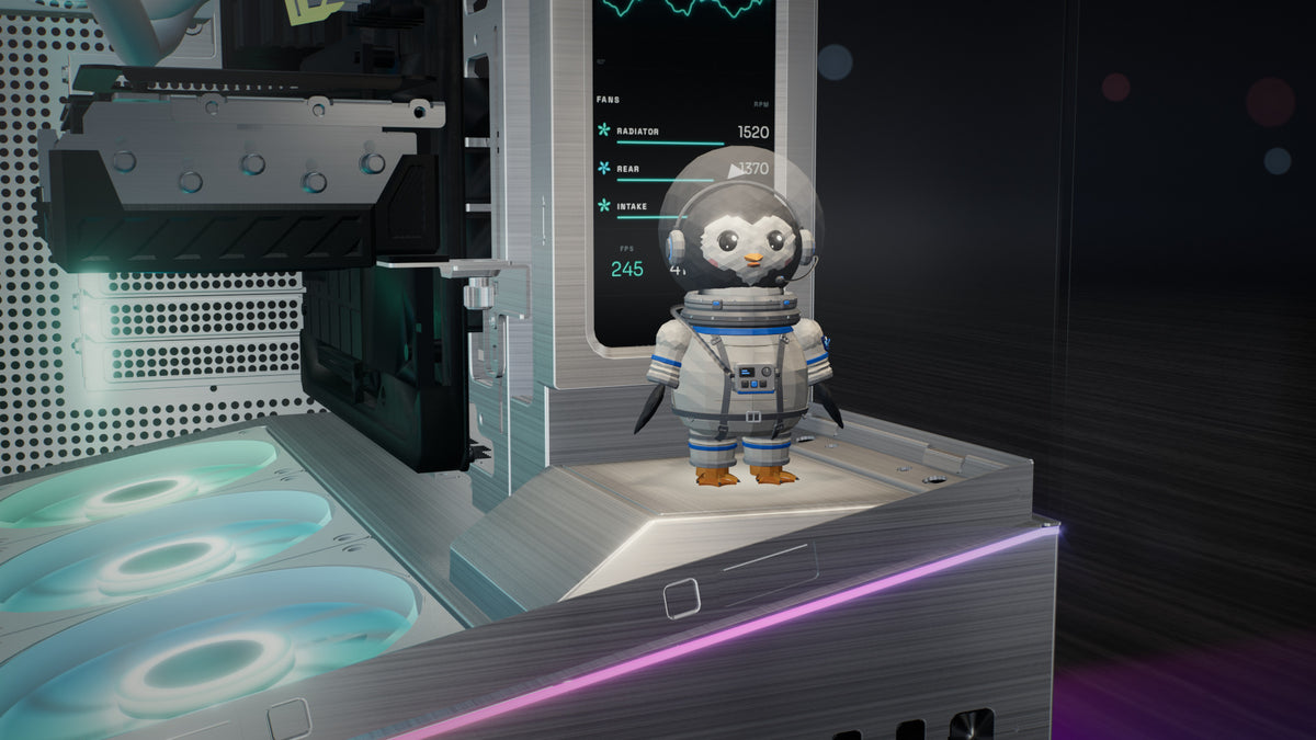 Andromeda V4 LCD in white, lit display stand with the mascot figure