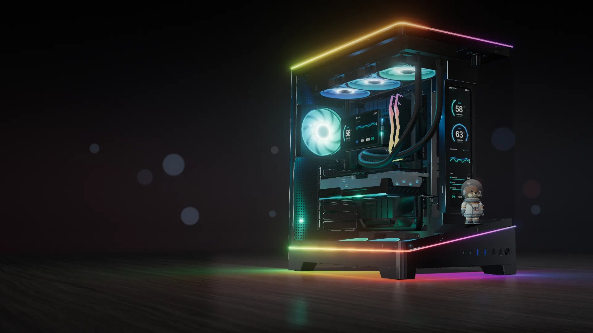 AI Galaxy V4 LCD case with RGB edge lighting and an 11 inch vertical display